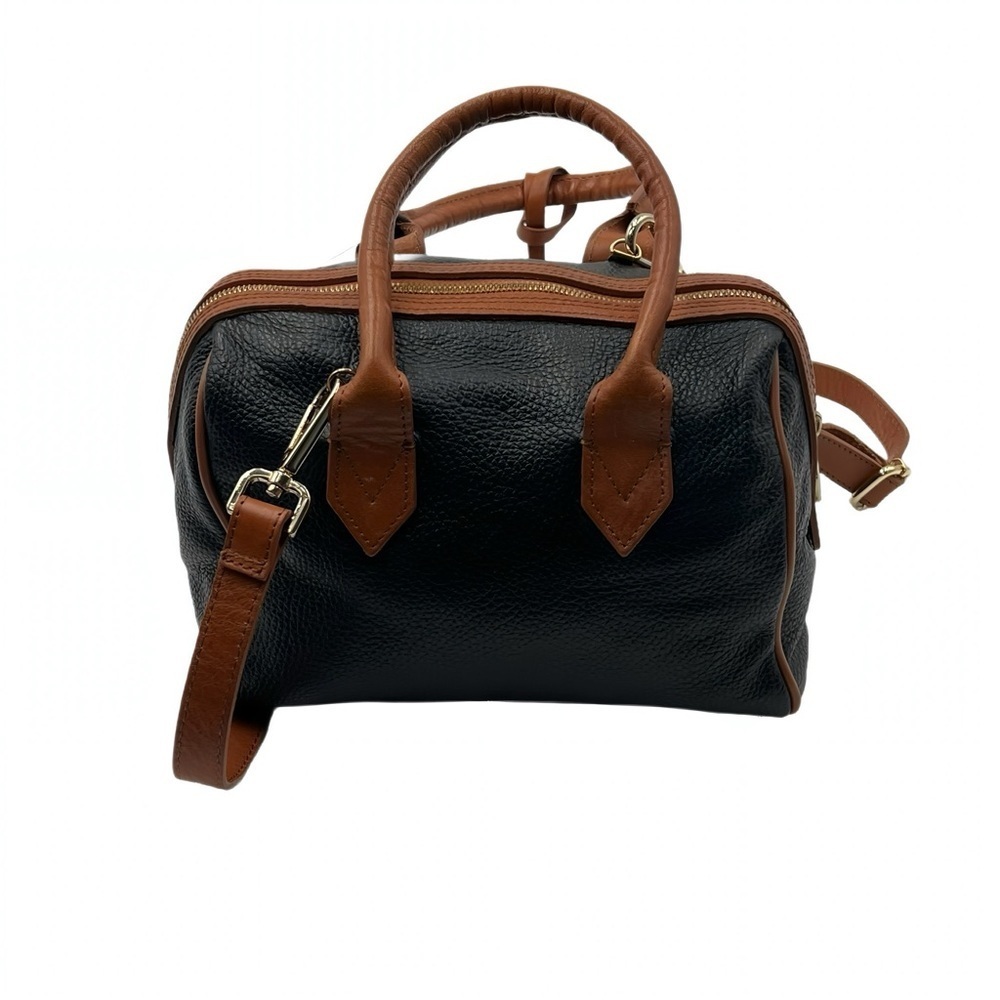 Valentina Pebbled Italian Leather Satchel Bag Navy Tan Top Handle Crossbody - Picture 4 of 14